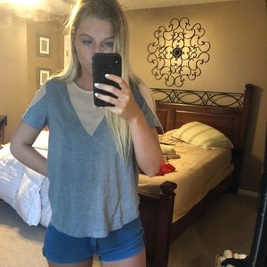 tan and grey mesh shirt